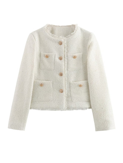 Women's elegant tweed jacket with fringe and decorative buttons NOVAE