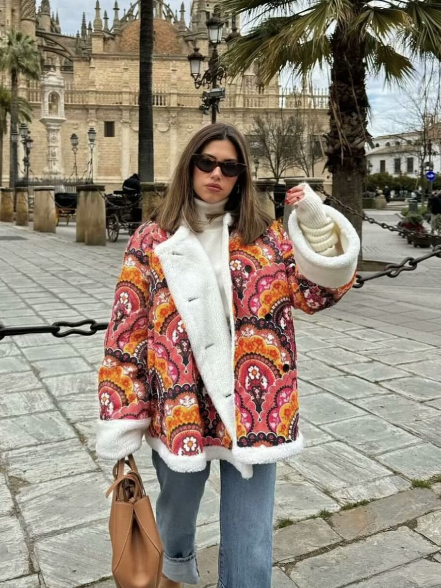 Women's quilted transitional jacket with floral pattern and cozy fleece NOVAE