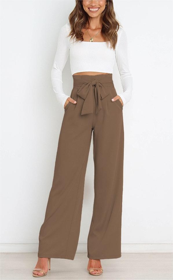Women's wide-leg trousers with tie belt and elegant pockets NOVAE