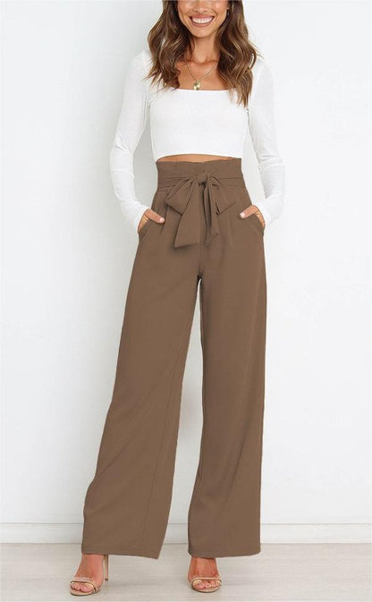 Women's wide-leg trousers with tie belt and elegant pockets NOVAE
