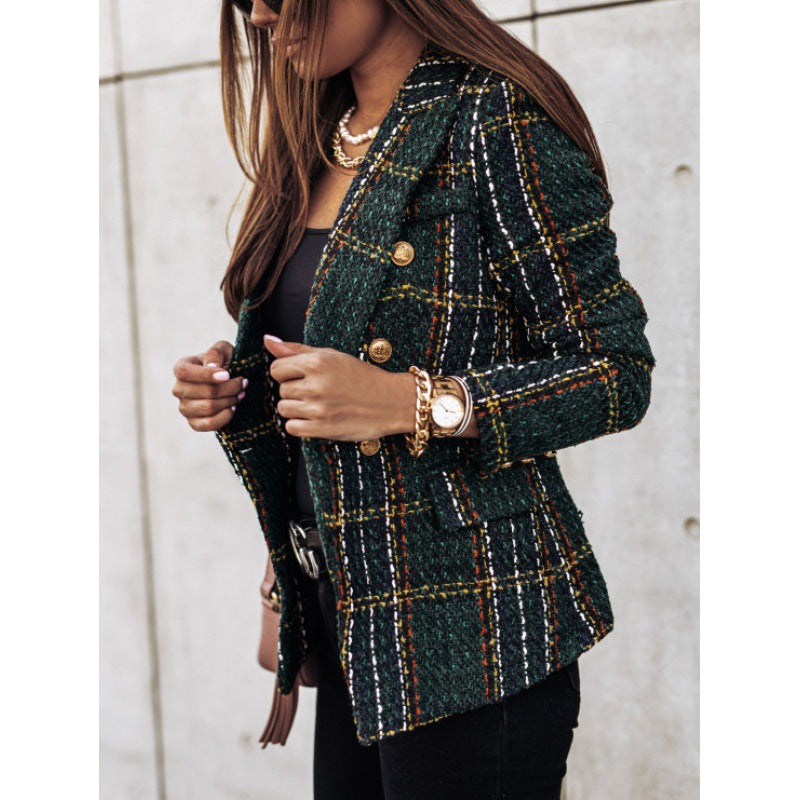 Women's Checkered Blazer with Gold Buttons and Textured Fabric NOVAE