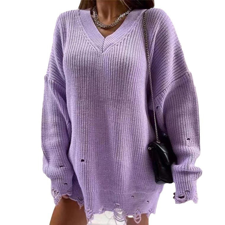 Women's chunky knit sweater with V-neck and relaxed fit NOVAE