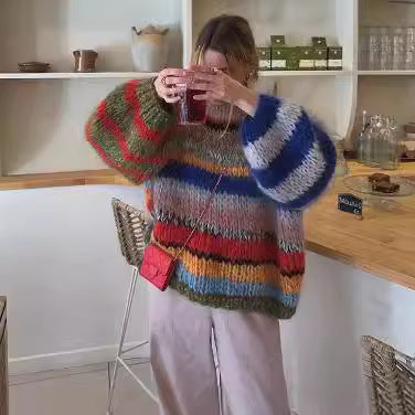 Women's Cozy Knit Sweater with Wide Flared Sleeves and Colorful Stripe Pattern NOVAE