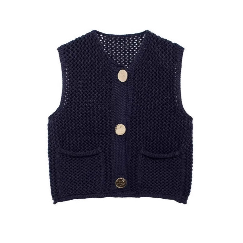 Women's knitted vest with a coarse mesh design and practical pockets NOVAE