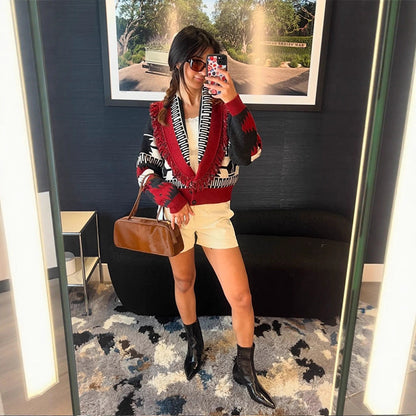 Women's knitted cardigan with fringed details and geometric pattern NOVAE