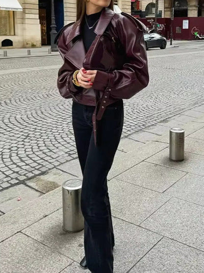 Women's Trendy Oversized Leather Jacket with Structured Shoulder Pads and Waist Belt NOVAE