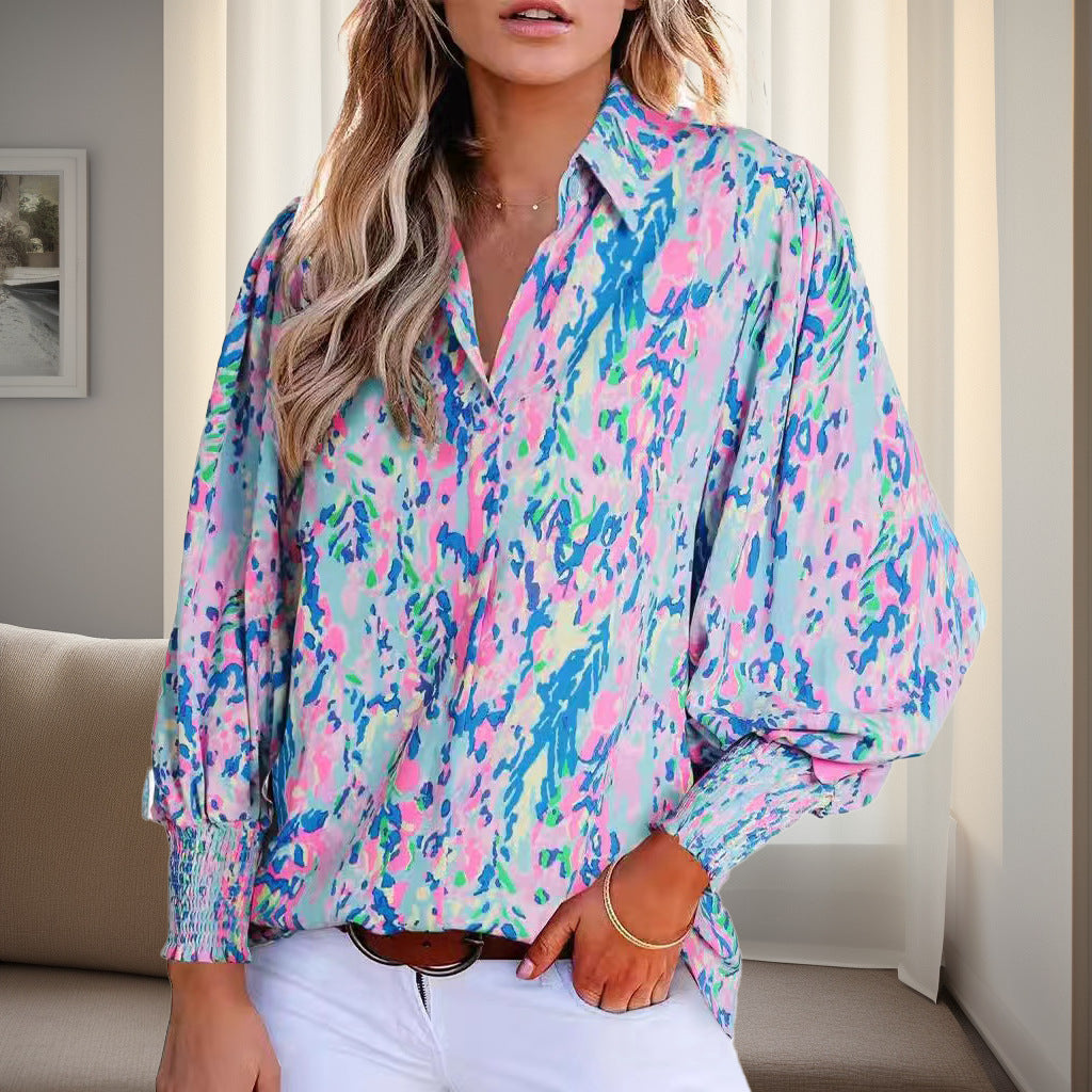 Women's shirt blouse in a vibrant floral design with dropped shoulders and elasticated cuffs NOVAE