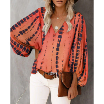 Women's blouse with wide puff sleeves and elegant V-neck NOVAE