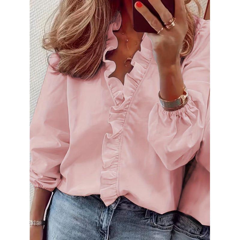 Women's blouse with ruffle details and elegant stand-up collar NOVAE