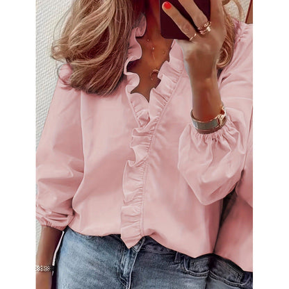 Women's blouse with ruffle details and elegant stand-up collar NOVAE