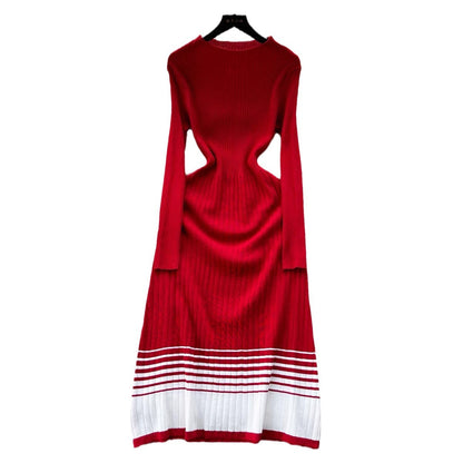 Women's knit dress with high collar and sophisticated striped pattern NOVAE