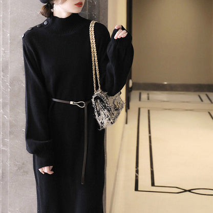 Women's Elegant Knit Maxi Dress with High Neck and Decorative Buttons NOVAE