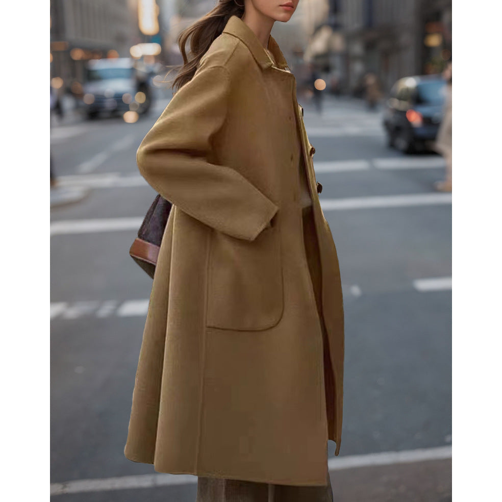 Women's Elegant Wool Coat with High Pockets and Classic Lapels NOVAE