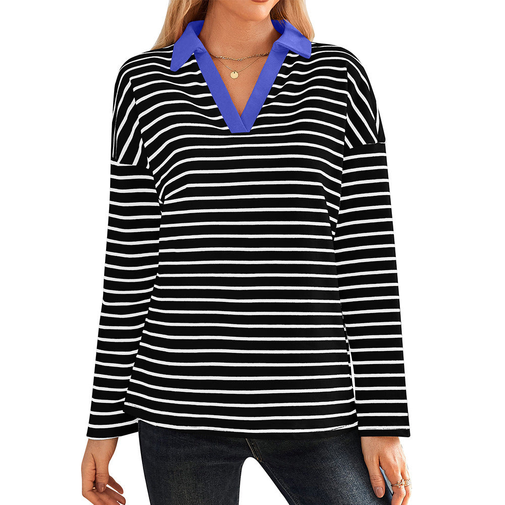 Women's striped polo shirt with V-neck and contrasting collar NOVAE