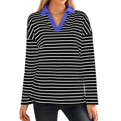 Women's striped polo shirt with V-neck and contrasting collar NOVAE