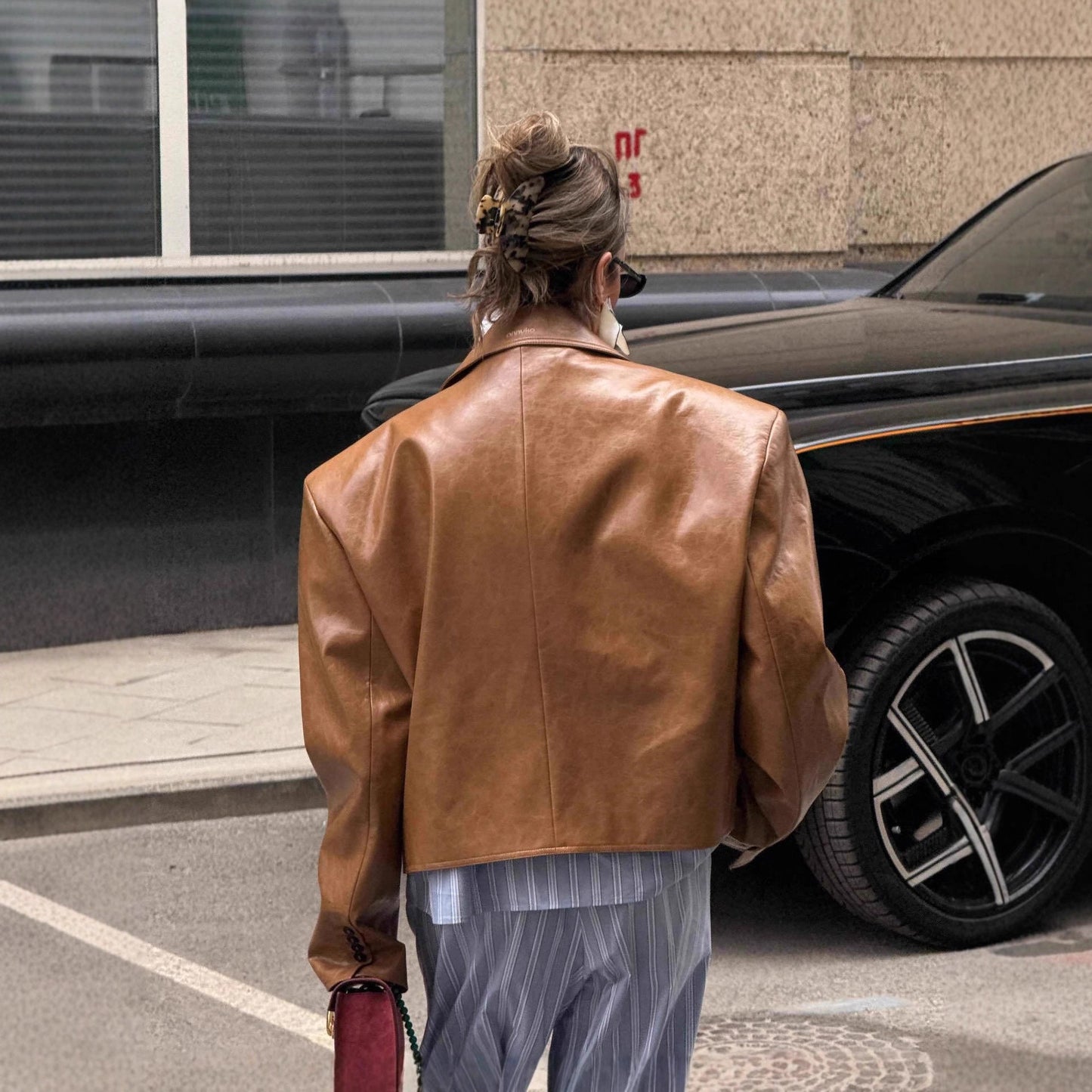 Women's short leather jacket in a stylish blazer look NOVAE