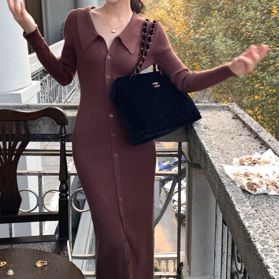 Women's knitted maxi dress with button closure and fashionable collar NOVAE