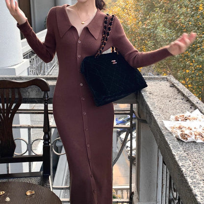 Women's knitted maxi dress with button closure and fashionable collar NOVAE