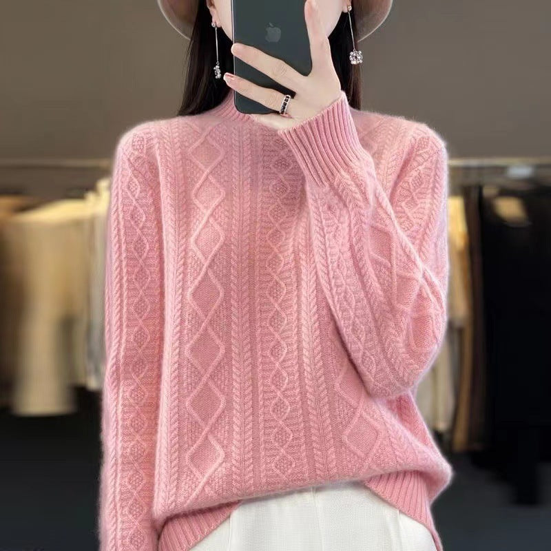 Women's High-Quality Knit Sweater with Stand-Up Collar and Cable Knit Design NOVAE