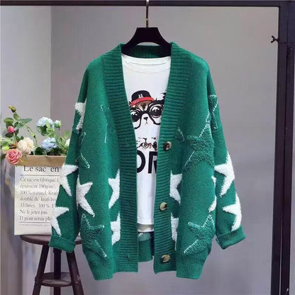 Women's chunky knit cardigan with star pattern and deep V-neck NOVAE
