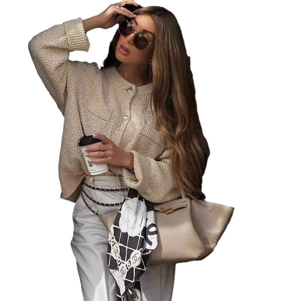 Women's cardigan with textured woven pattern and patch pockets NOVAE