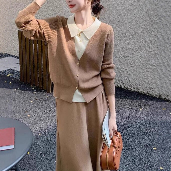 Women's knit ensemble with elegant blouse look and wide skirt NOVAE