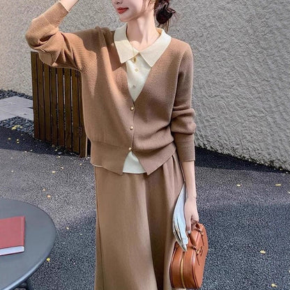 Women's knit ensemble with elegant blouse look and wide skirt NOVAE