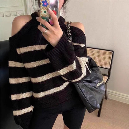 Women's off-the-shoulder knit sweater with striped pattern and relaxed fit NOVAE