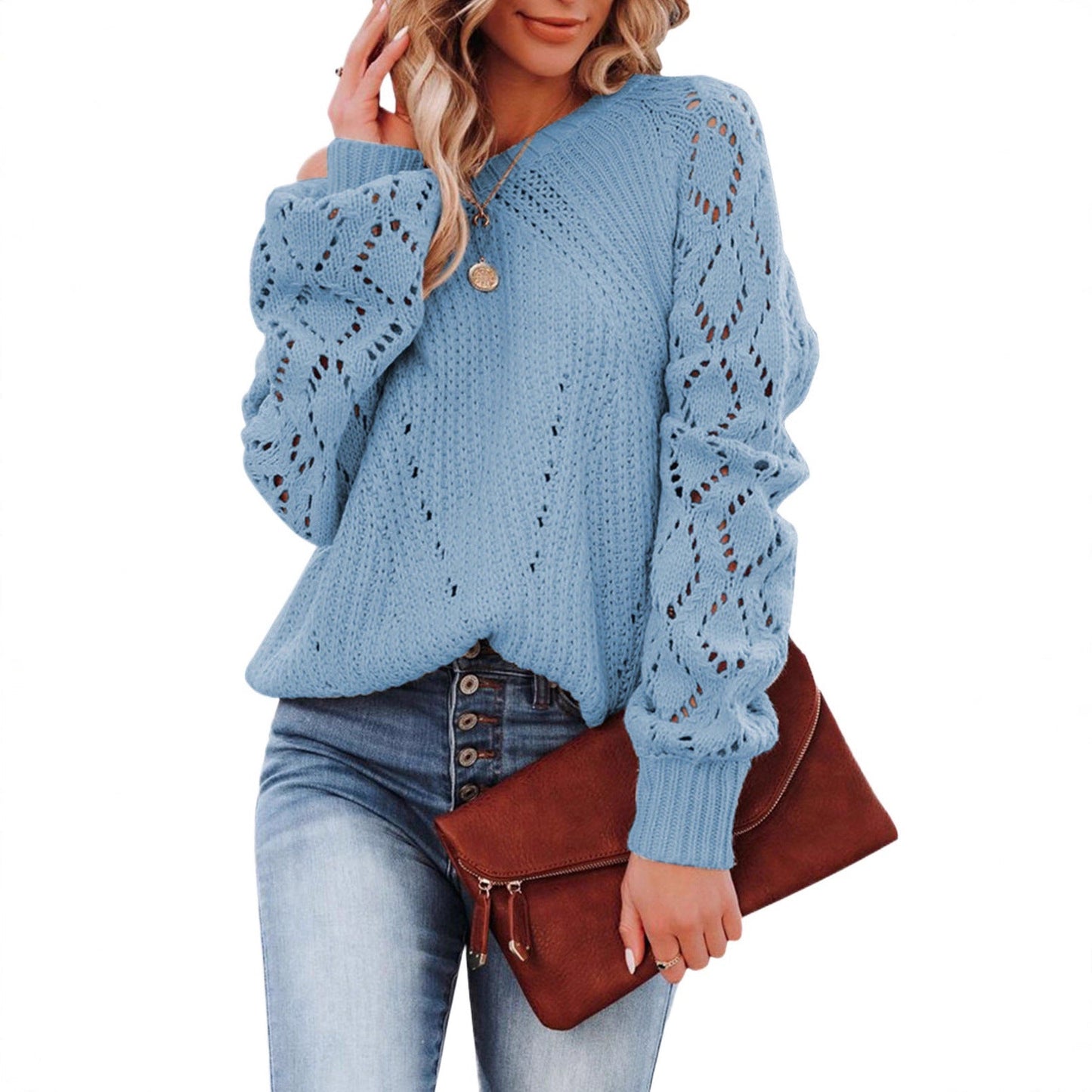 Women's knitted sweater with detailed openwork pattern and relaxed fit NOVAE