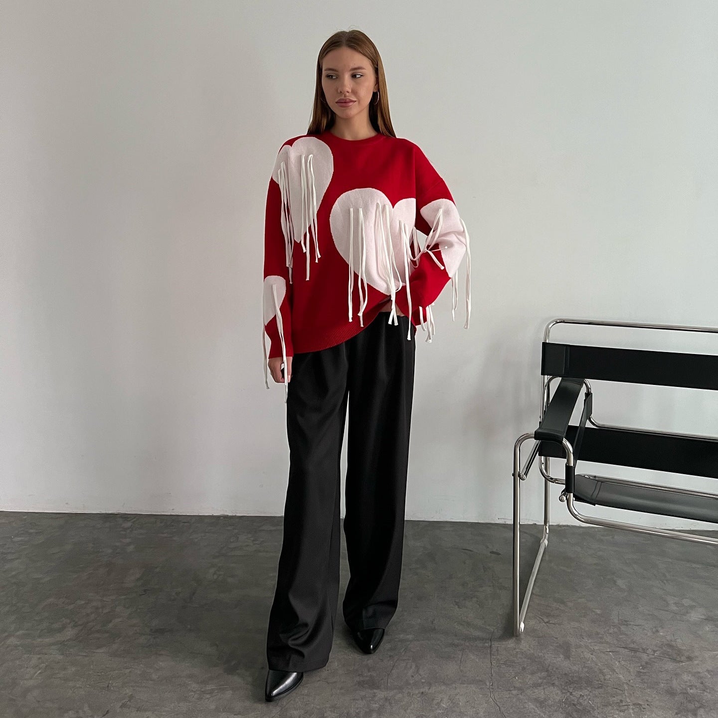 Women's fashionable sweater with a cheerful heart design and creative fringe NOVAE