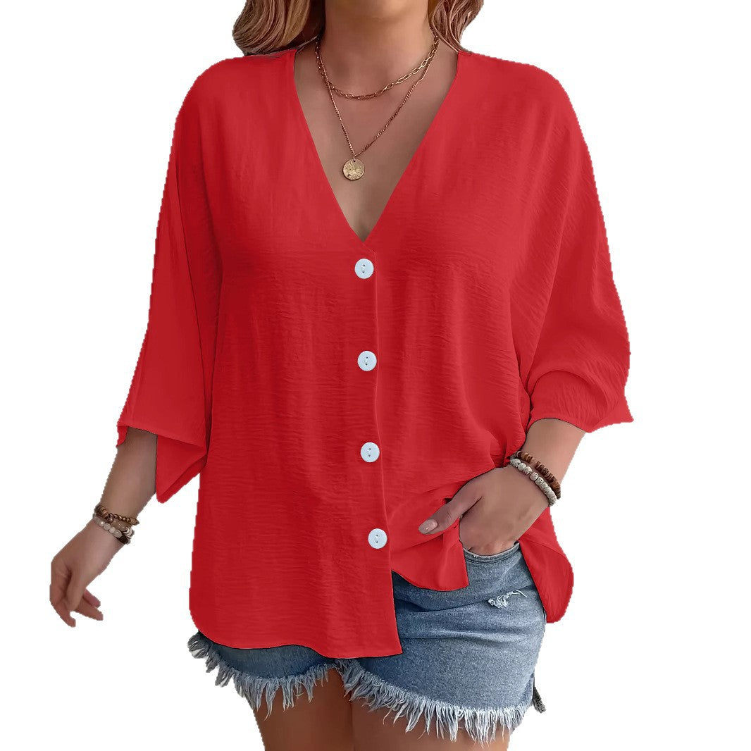 Women's flattering short-sleeved blouse with button placket and V-neck NOVAE