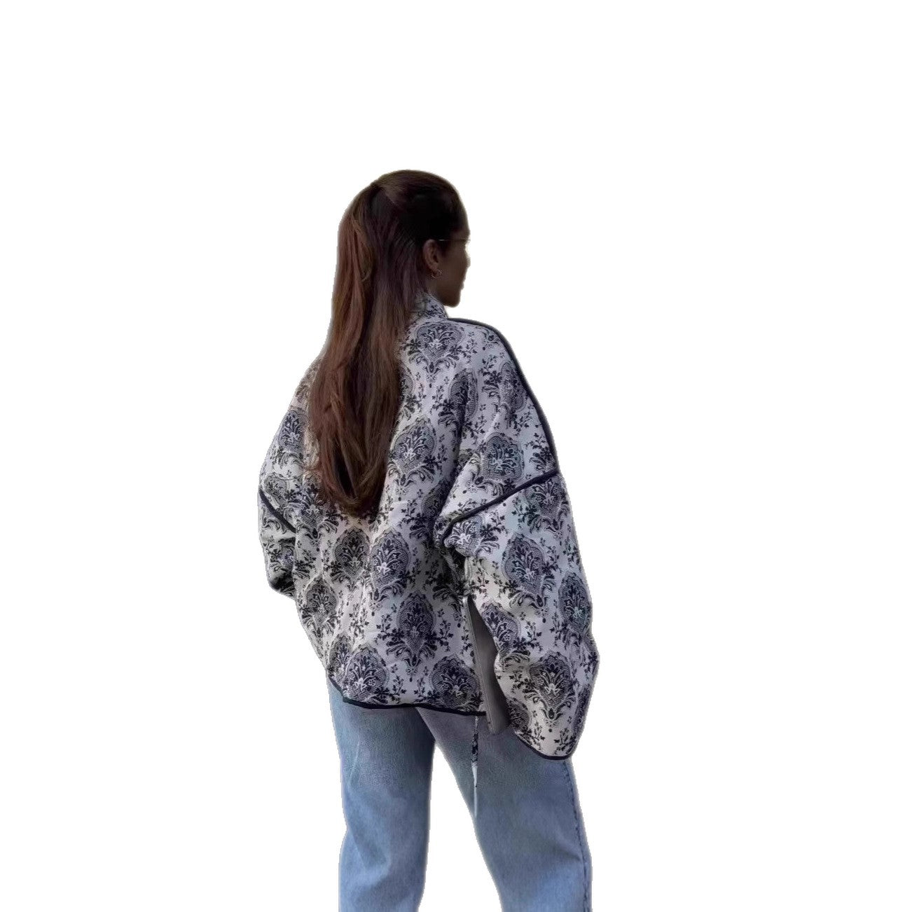 Women's elegant jacquard jacket with tie belt and luxurious pattern NOVAE