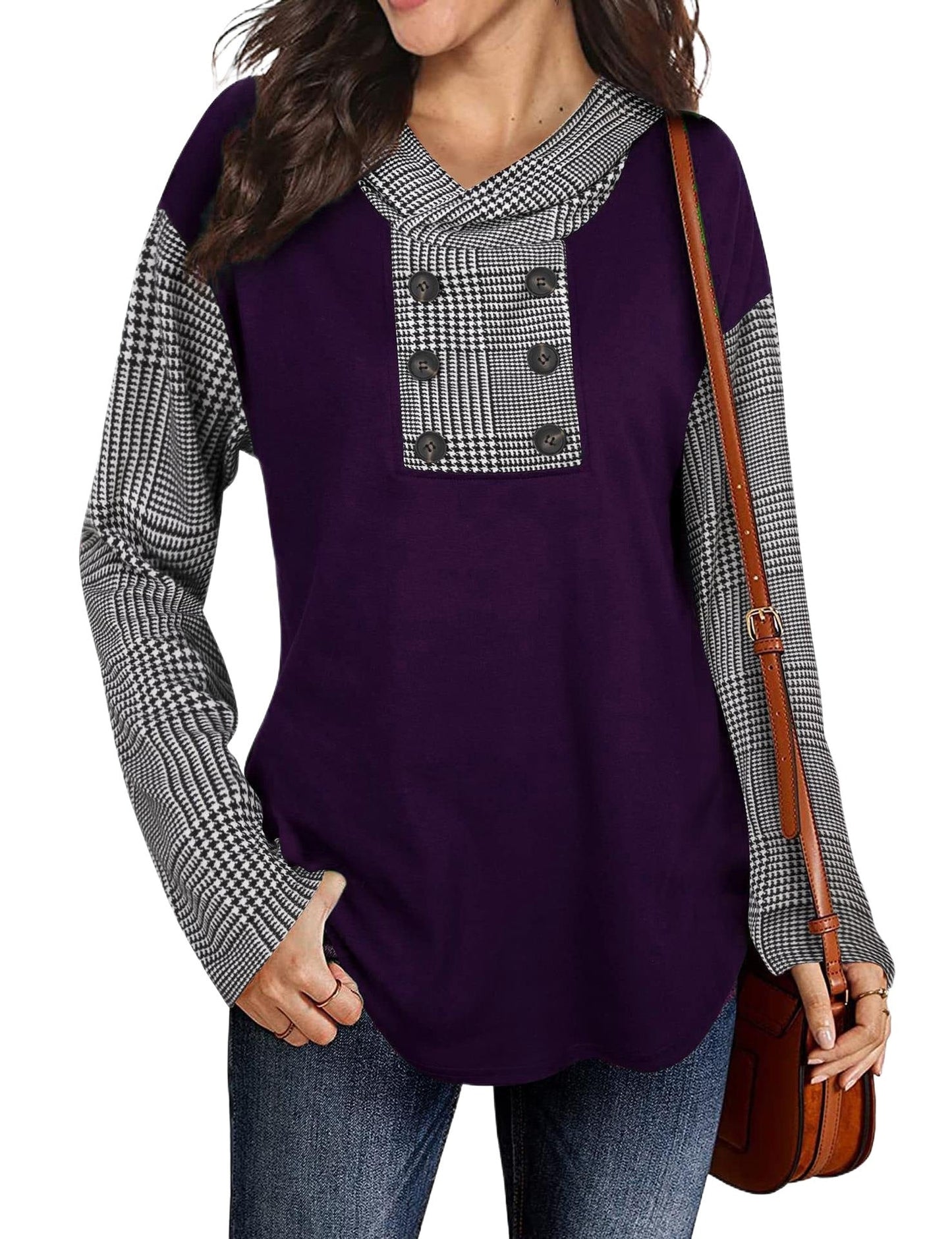 Women's fashionable sweatshirt with check pattern and button placket NOVAE