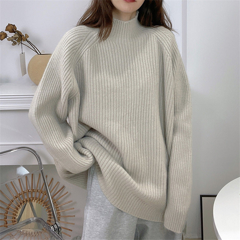 Women's Oversized Knit Sweater with High Collar and Fine Ribbed Texture NOVAE