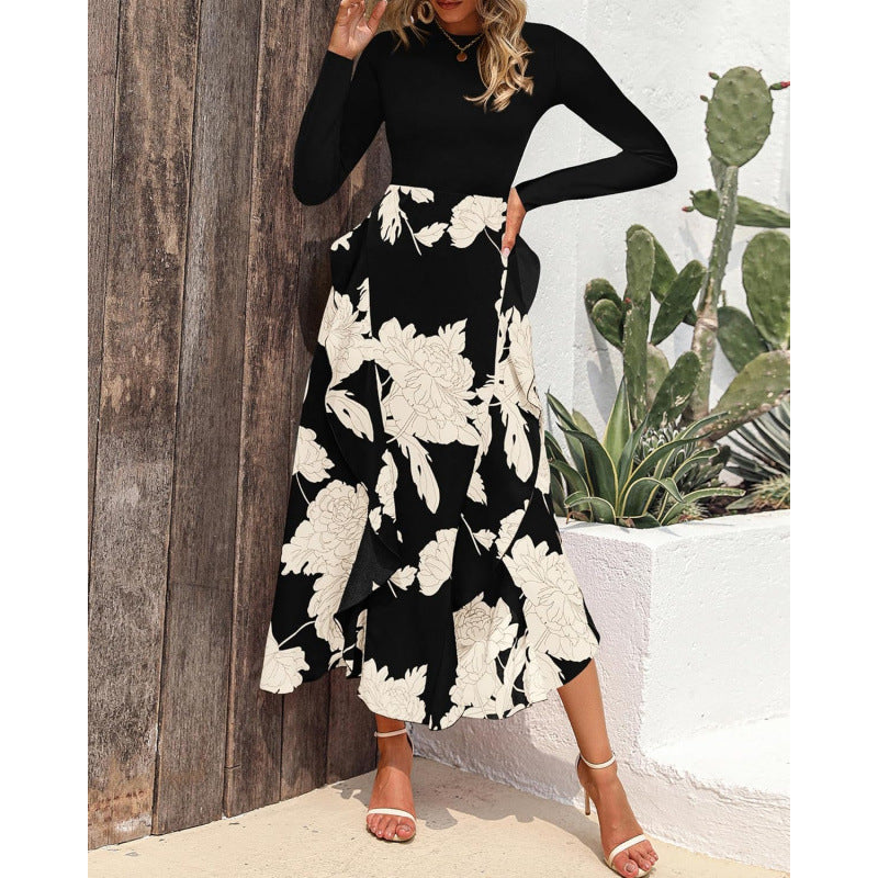 Women's Elegant Maxi Dress with Floral Ruffle and Long Sleeves NOVAE