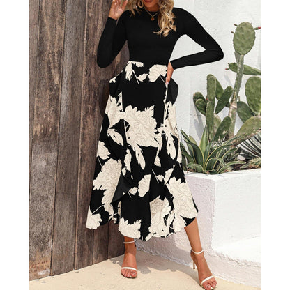 Women's Elegant Maxi Dress with Floral Ruffle and Long Sleeves NOVAE