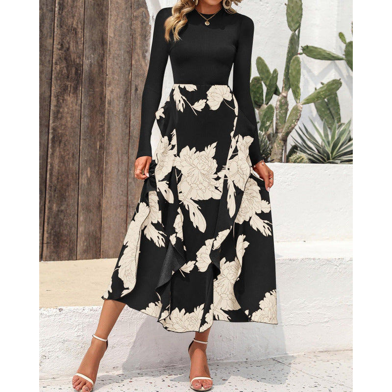 Women's Elegant Maxi Dress with Floral Ruffle and Long Sleeves NOVAE
