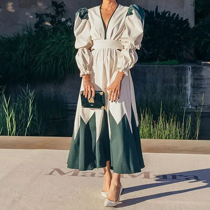 Women's maxi dress with ballet-style puff sleeves and V-neck NOVAE