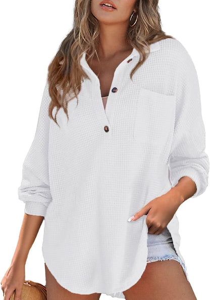 Women's casual waffle knit top with button placket NOVAE