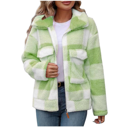 Women's fleece jacket with check pattern and practical pockets NOVAE