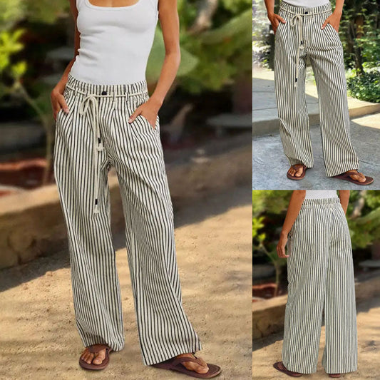 Women's Comfortable Beach Trousers with Casual Striped Pattern and Braided Waistband NOVAE