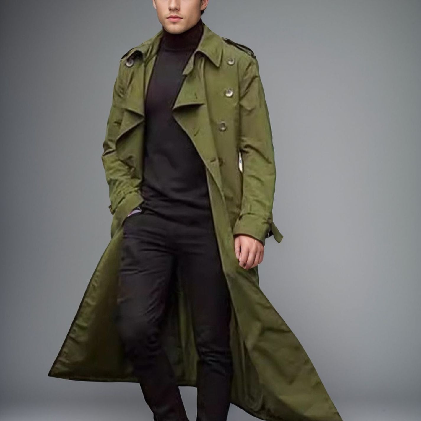 Men's long trench coat with a modern cut and practical pockets NOVAE