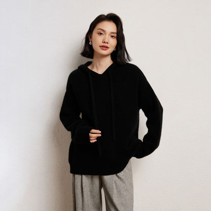 Women's casual knit sweater with hood and finely textured surface NOVAE