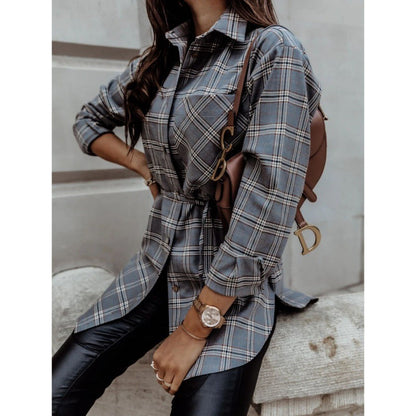 Women's long-sleeved shirt dress with adjustable belt and fashionable check design NOVAE
