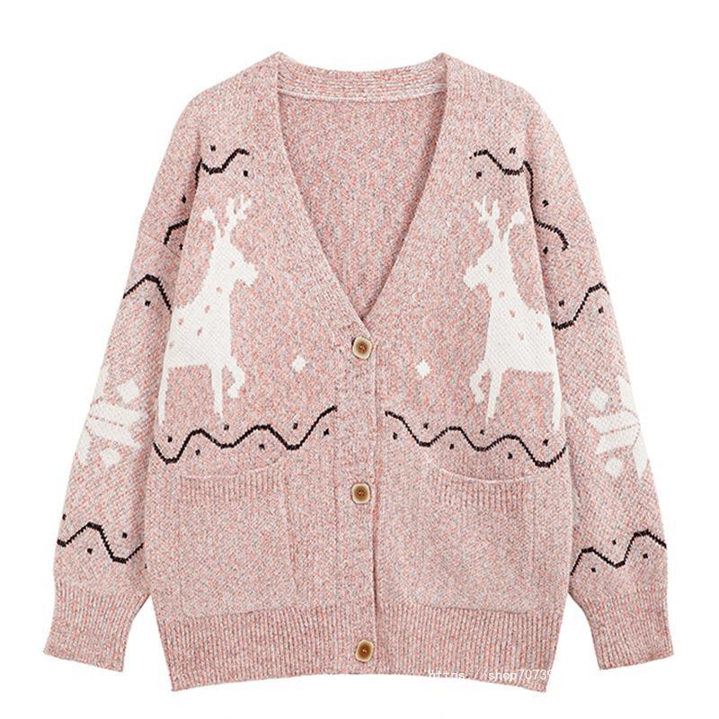 Women's Cozy Cardigan with Reindeer Motif and Pockets NOVAE