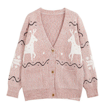 Women's Cozy Cardigan with Reindeer Motif and Pockets NOVAE