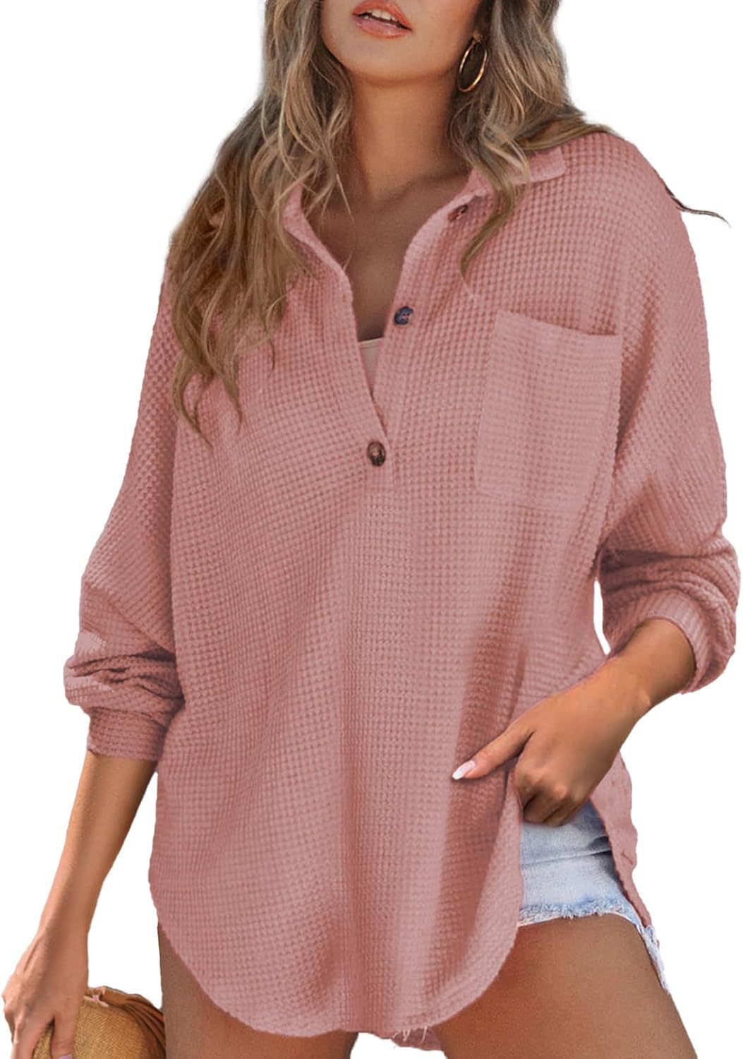Women's casual waffle knit top with button placket NOVAE