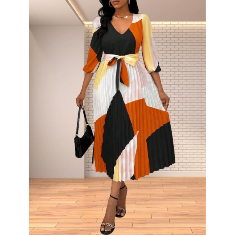 Women's pleated midi dress with V-neck and colorful pattern NOVAE