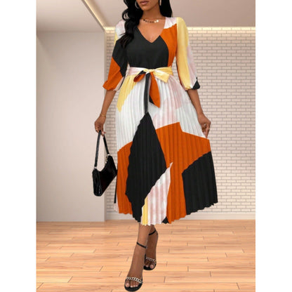 Women's pleated midi dress with V-neck and colorful pattern NOVAE
