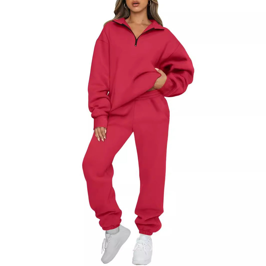 Women's Cozy Leisure Suit with Stand-Up Collar and Zipper NOVAE